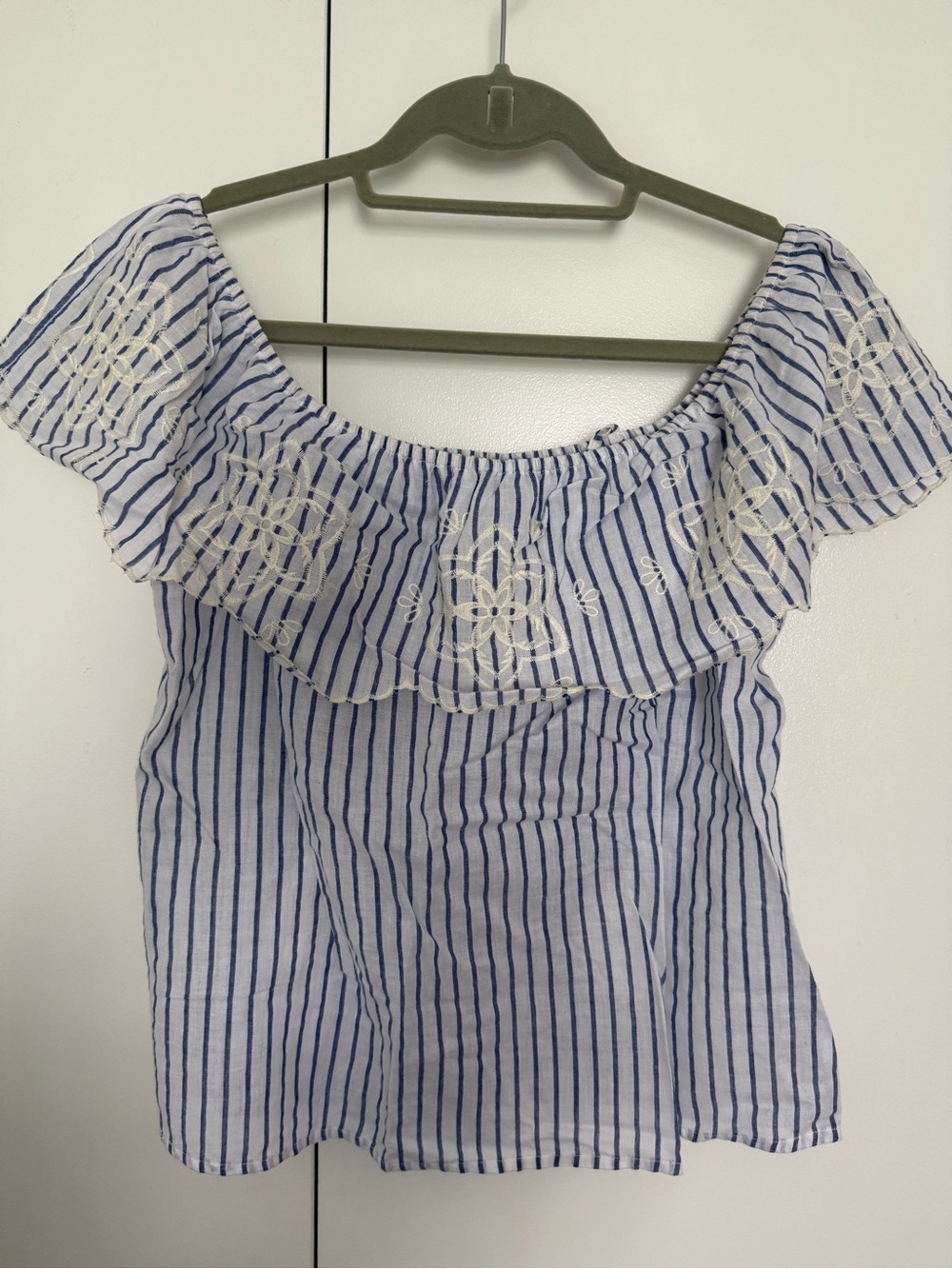 Flying Tomato White and Blue Striped Off-Shoulder Top